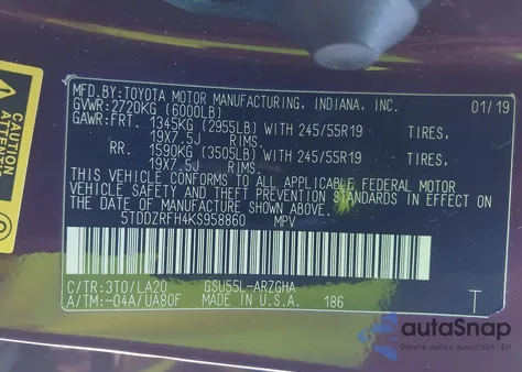 2019 Toyota Highlander Limited z USA, uszkodzony, nr VIN 5TDDZRFH4KS958860